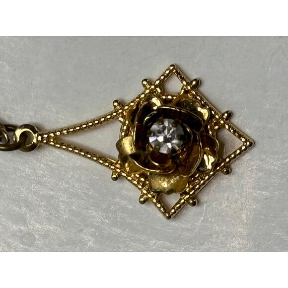Vintage Edwardian Style Lavalier Pendant Necklace Rhinestone Gold Tone Delicate - Picture 5 of 6